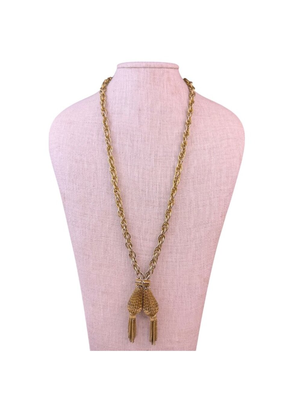 Vintage Gold Tone Chain Necklace Tassel Accents Long Layered Design Metal
